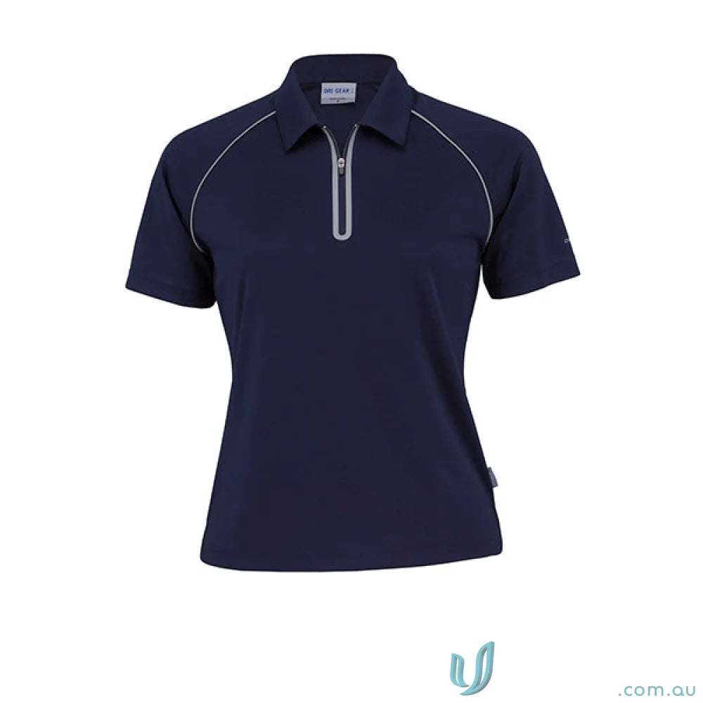 Ladies Dri Gear Dimension Polo in navy blue with zipper, comfy gear for active wear