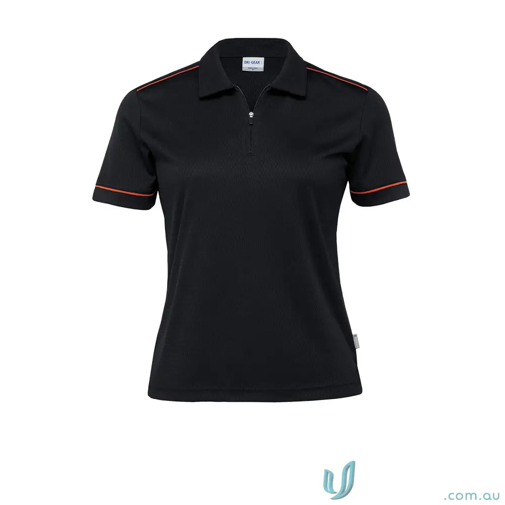 Black Ladies DriGear Matrix Polo with zipper placket and orange piping workwear