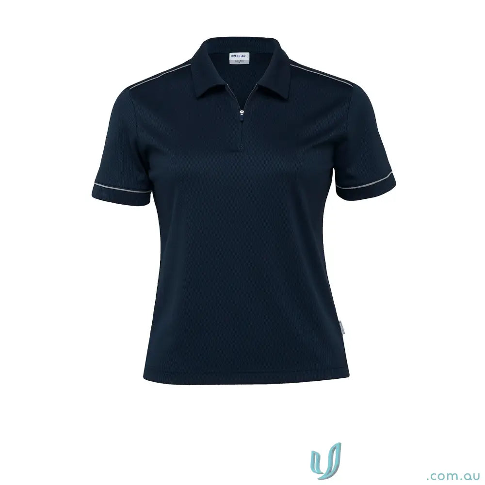 Ladies DriGear Matrix Polo in navy blue with white piping, perfect for uniforms or workwear