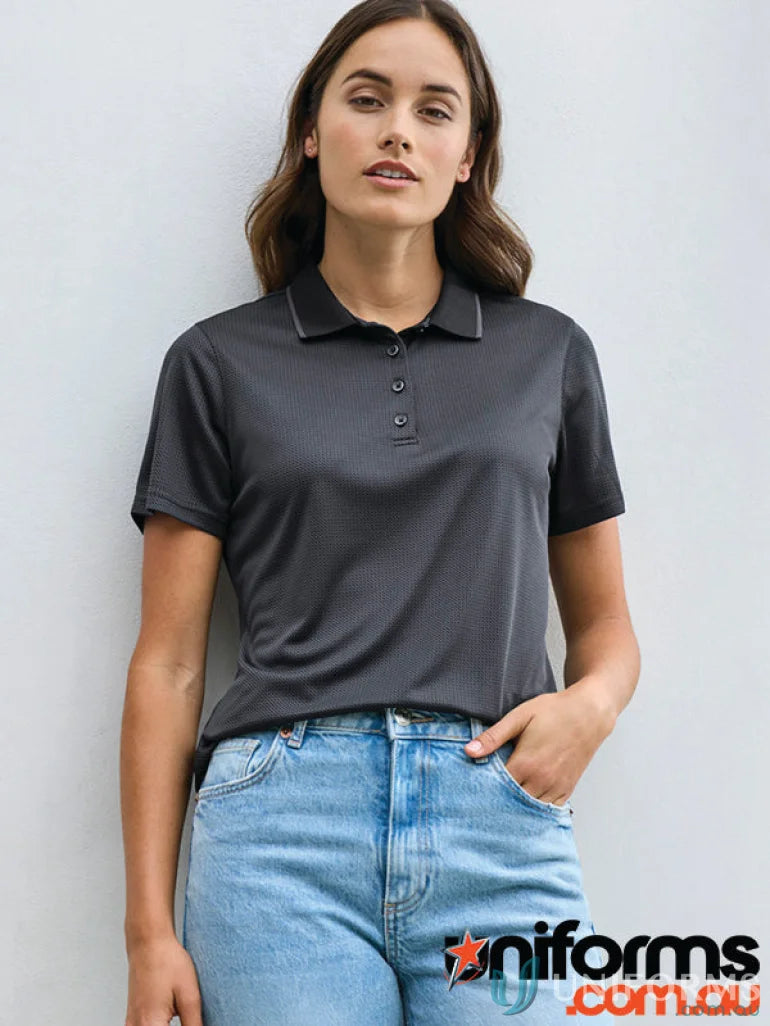 Lady wearing Ladies Echo Polo in certified recycled polyester, Biz Cool™ style