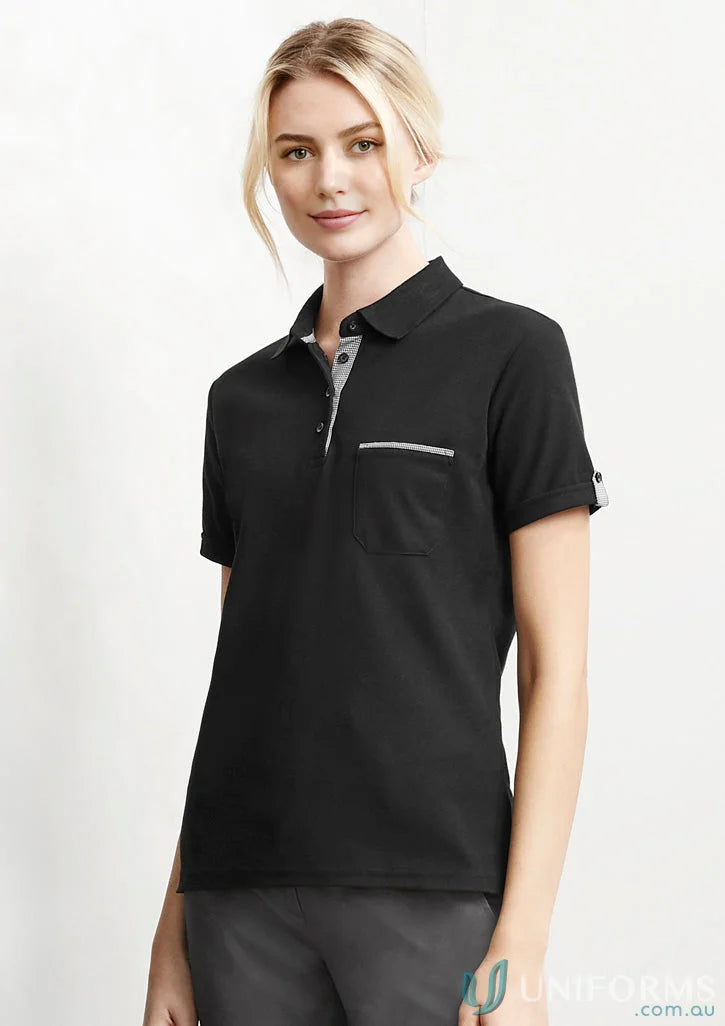 Ladies Edge Short black polo shirt with pocket, perfect for casual style