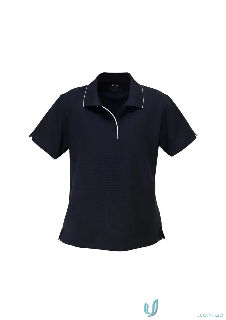 Ladies Elite Polo in navy blue with white piping, textured mini self-check detail
