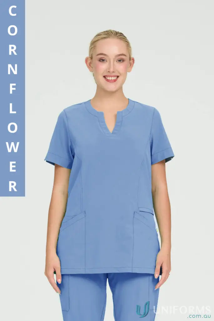 Cornflower blue Ladies Ellen scrub top ideal for suit hospital nurses and aged care staff