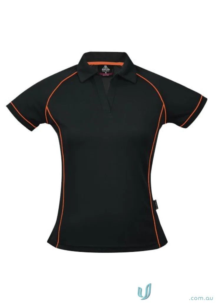 Ladies Endeavour Polo shirt in black with orange trim, perfect workwear and uniforms