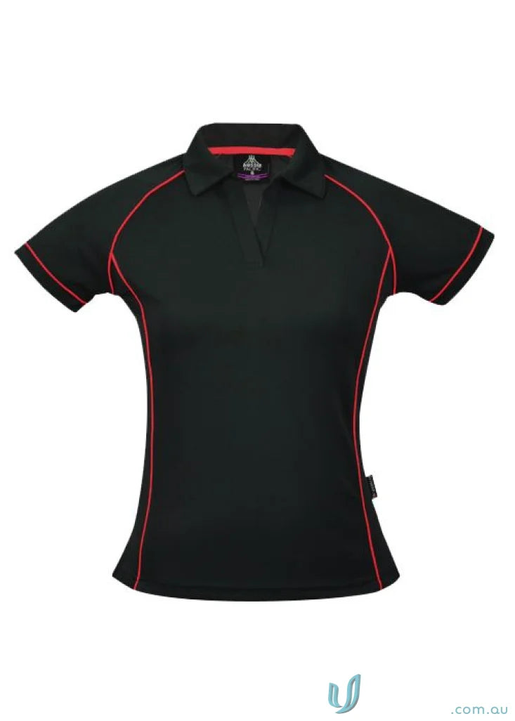 Ladies Endeavour Polo Black polo shirt with red trim for workwear and uniforms