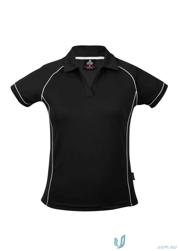 Ladies Endeavour Polo in black with white trim, perfect for workwear and uniforms