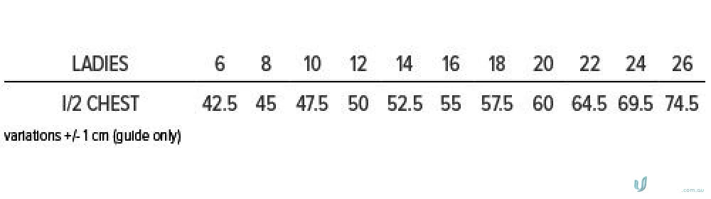 Ladies Endeavour Polo size chart for work uniforms and workwear fits online