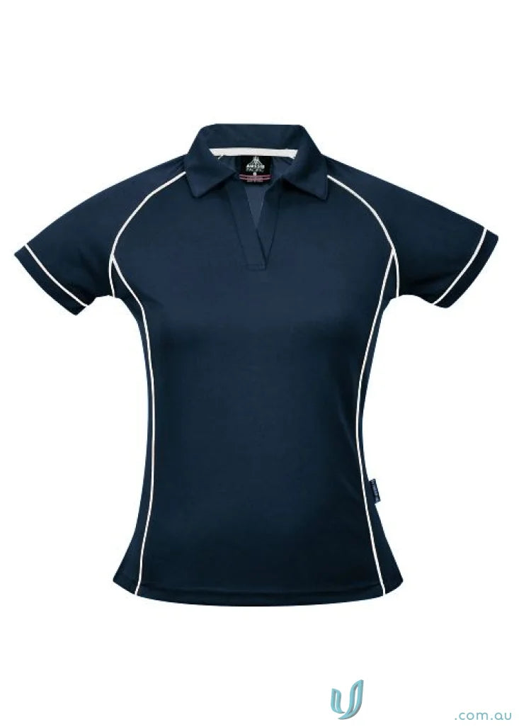 Navy blue Ladies Endeavour Polo shirt with white trim, perfect for work uniforms