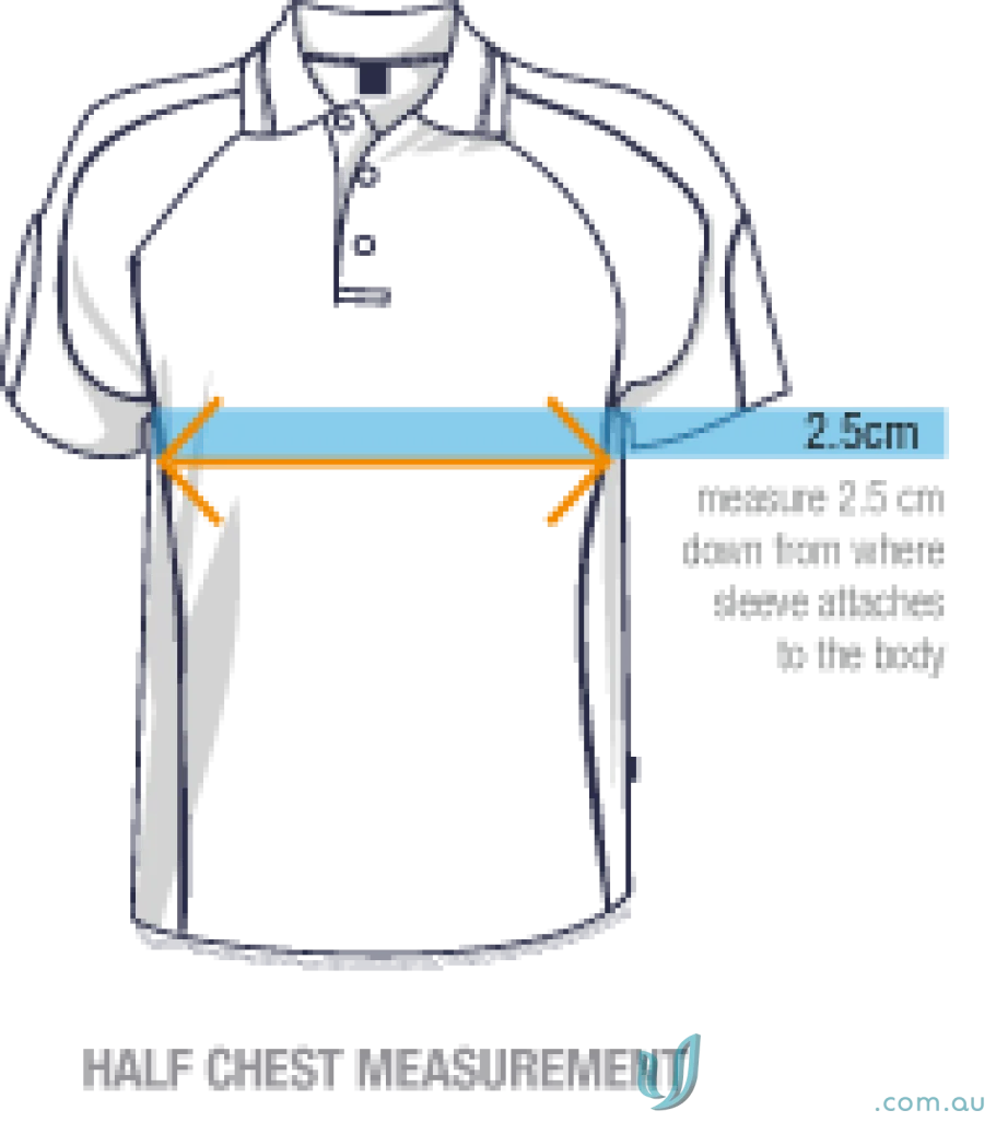 Diagram showing how to measure garment width for Ladies Eureka Polo or Eureka Polo
