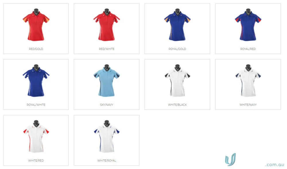 Ladies Eureka Polo grid of colorful polo shirts on mannequins for ladies style