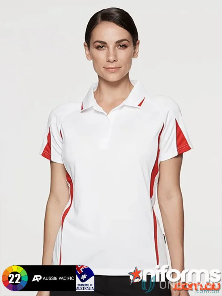 Ladies Eureka Polo with white body and red side panels and sleeve accents