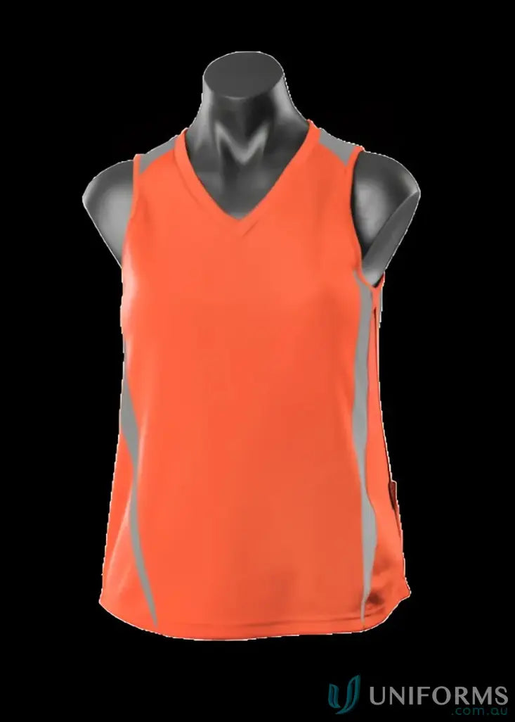 Ladies Eureka Singlet athletic tank top in orange and gray with comfortable fabric and sleek neck design