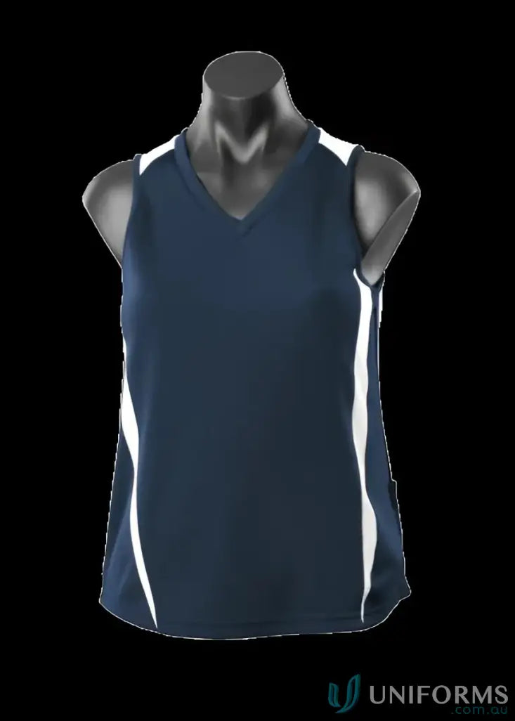 Navy and white athletic tank top made from breathable fabric, perfect for sports uniforms