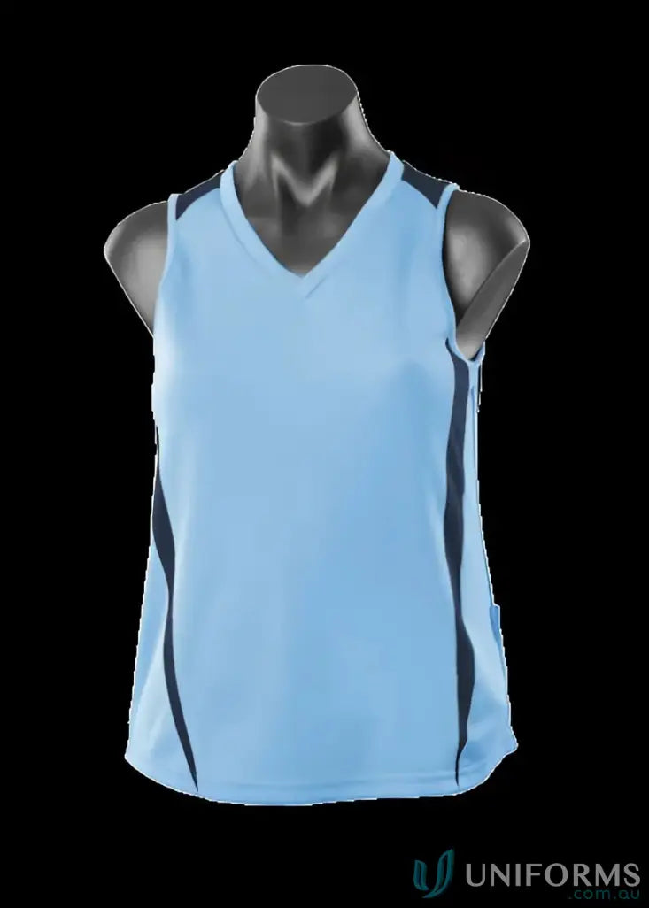 Light blue athletic tank top made of breathable fabric, perfect for uniforms and workout neck style