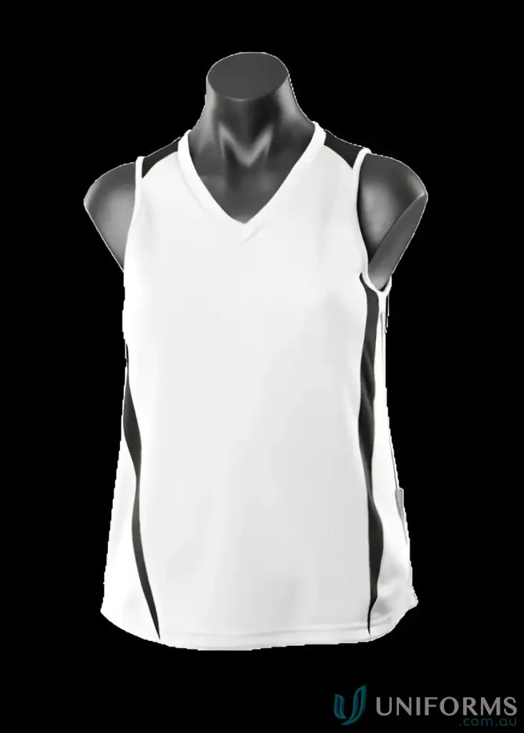 White and black athletic tank top made with breathable fabric, perfect for uniforms or casual wear