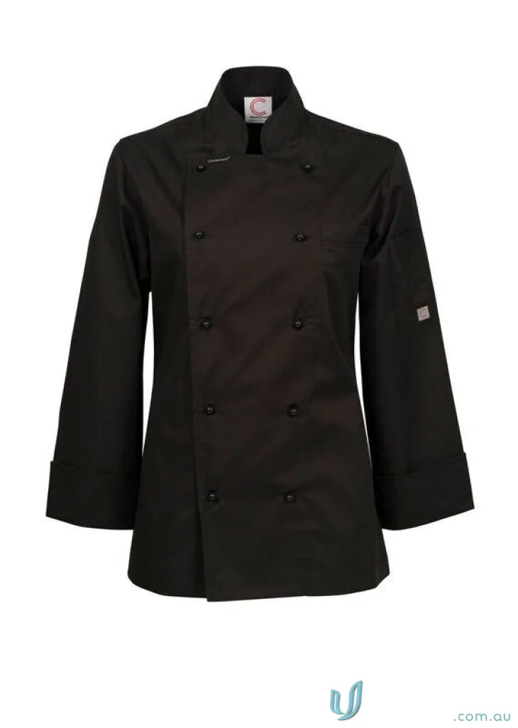 Ladies Executive LS Chef jacket with sleeve pen pocket and sleek black design