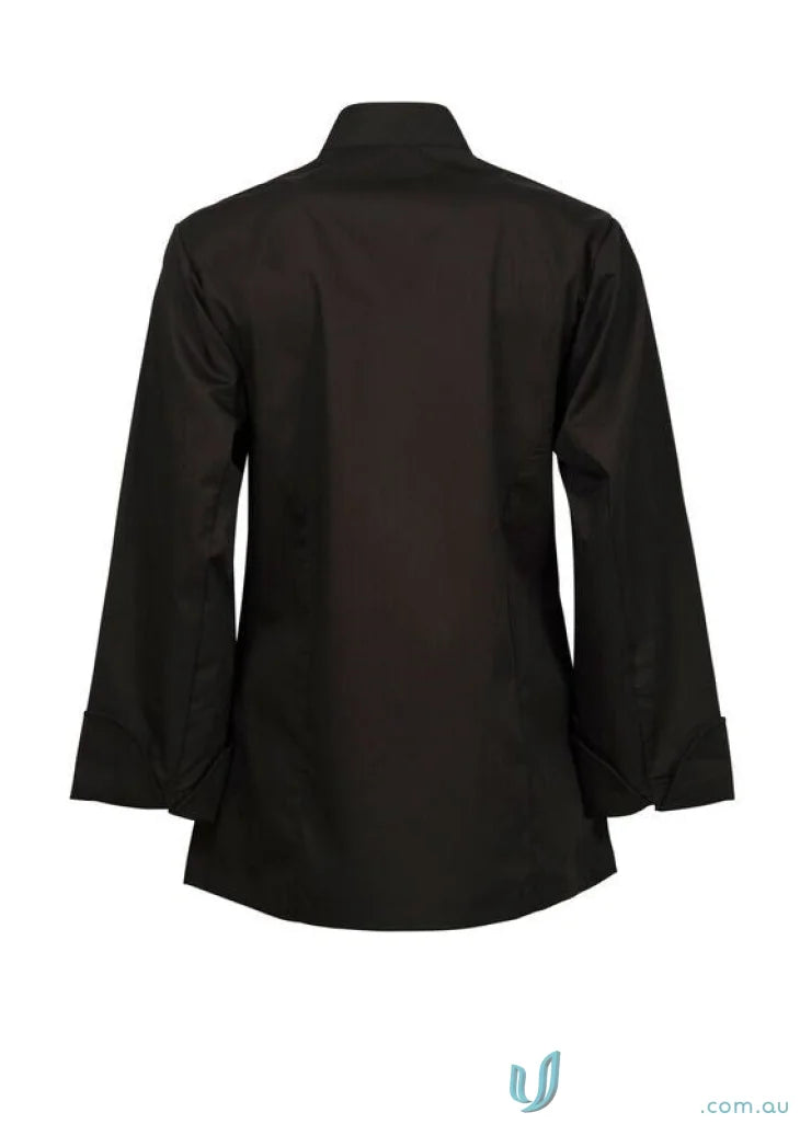 Black long-sleeved mandarin collar shirt with sleeve pen pocket for Ladies Executive LS Chef Jacket