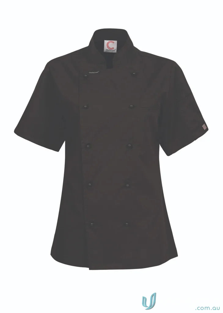 Short-sleeved black ladies executive SS chef jacket with matching stud buttons