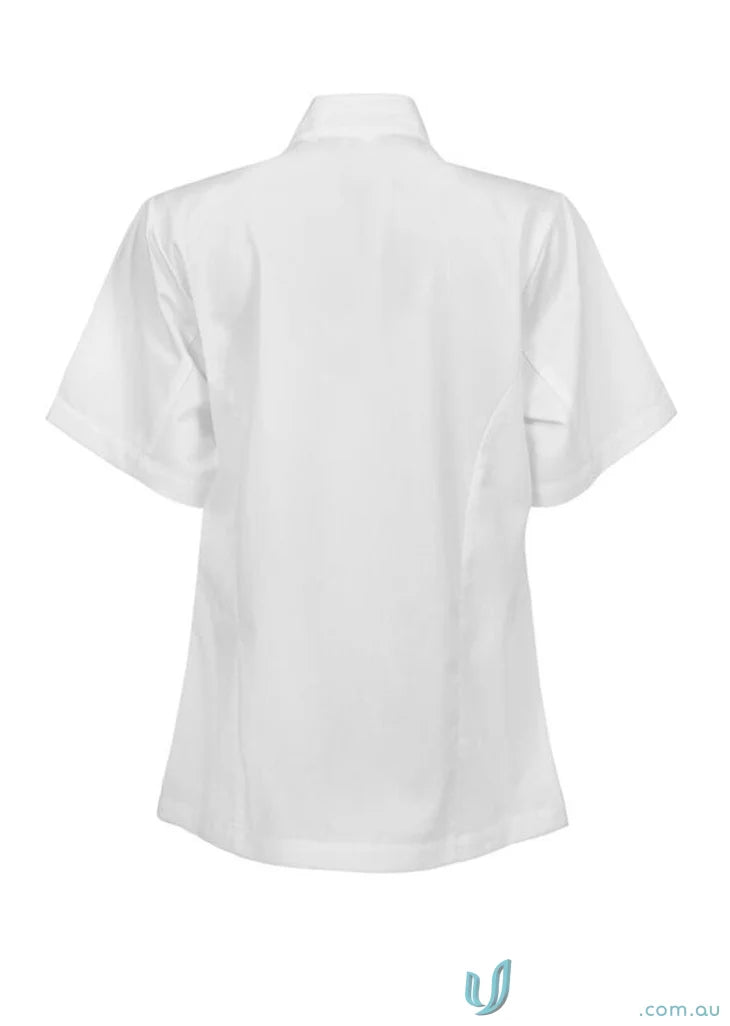 Ladies Executive SS Chef Jacket with matching stud buttons in white short-sleeved style