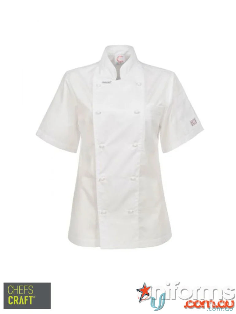 Ladies Executive SS Chef Jacket with matching stud buttons, white short-sleeved chef coat