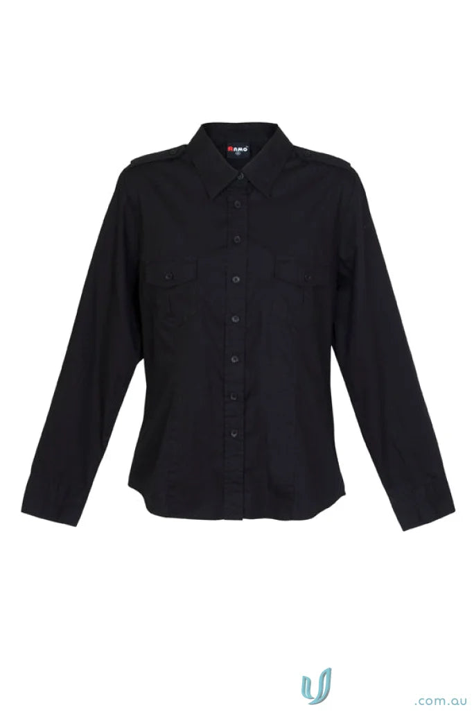 Black long-sleeved button-down shirt ideal for Ladies Fashion Military LS Shirt work uniforms