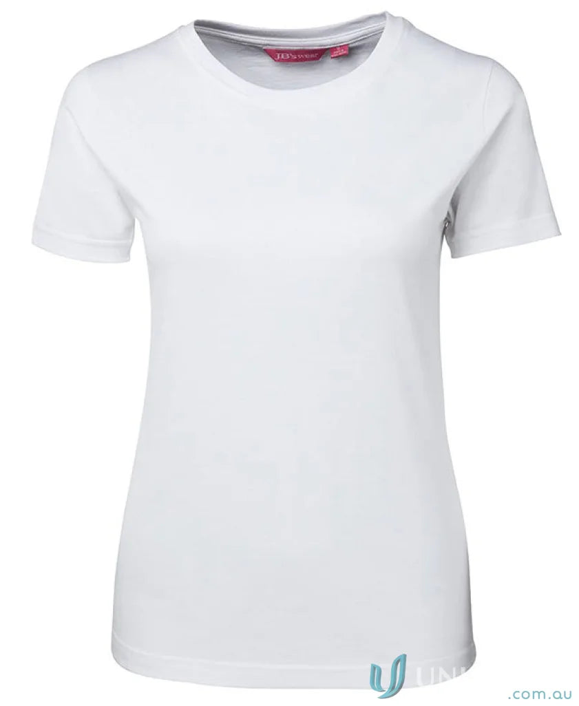 Ladies Fitted Tee in plain white ring-spun jersey knit with sun protection for women