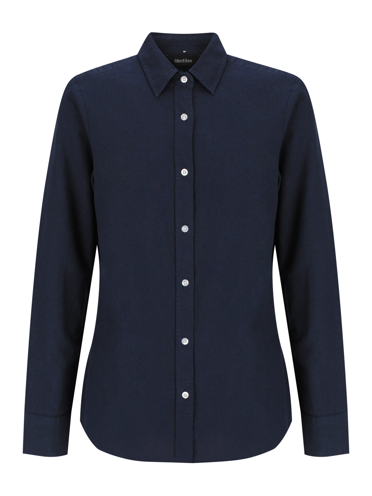 Ladies Floyd long sleeve linen cotton shirt in navy blue with white buttons