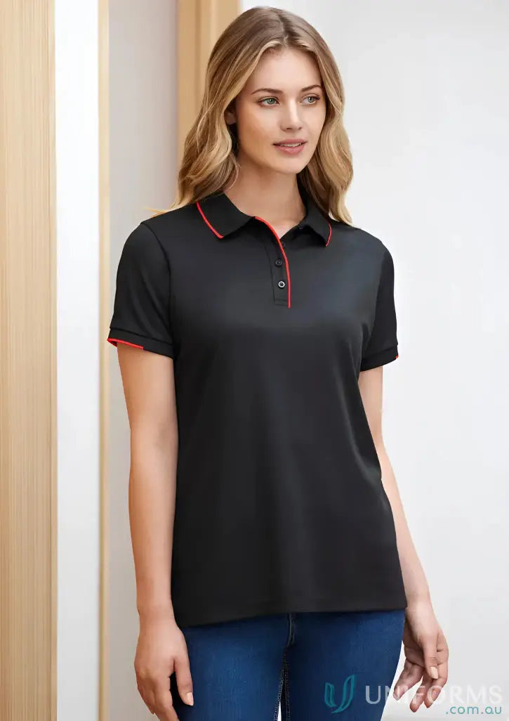 Ladies Focus Polo in black with red trim and knit rib collar for casual wear