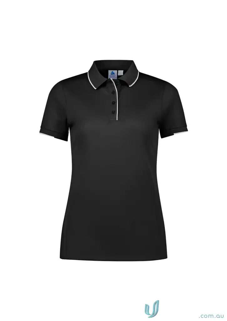 Ladies Focus Polo in black with white trim, casual wear featuring a knit rib collar