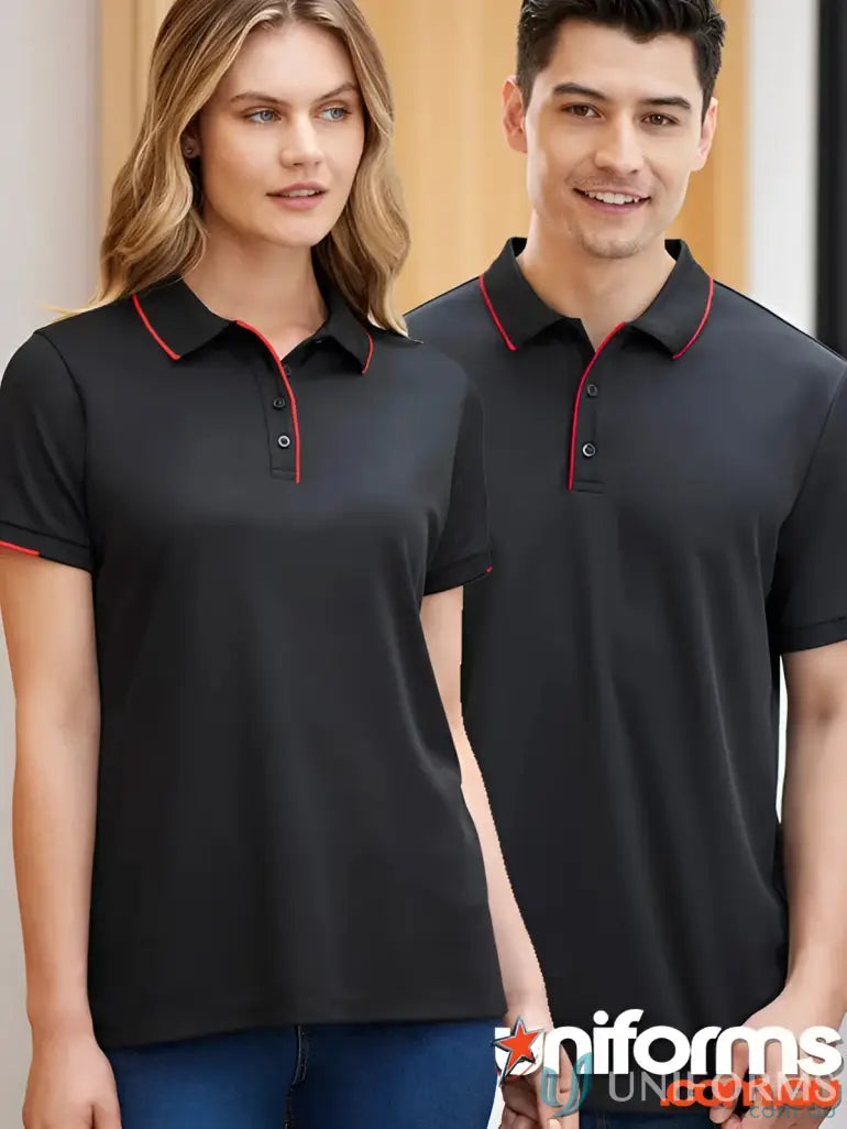 Ladies Focus Polo with black color, red trim, casual wear, knit rib collar