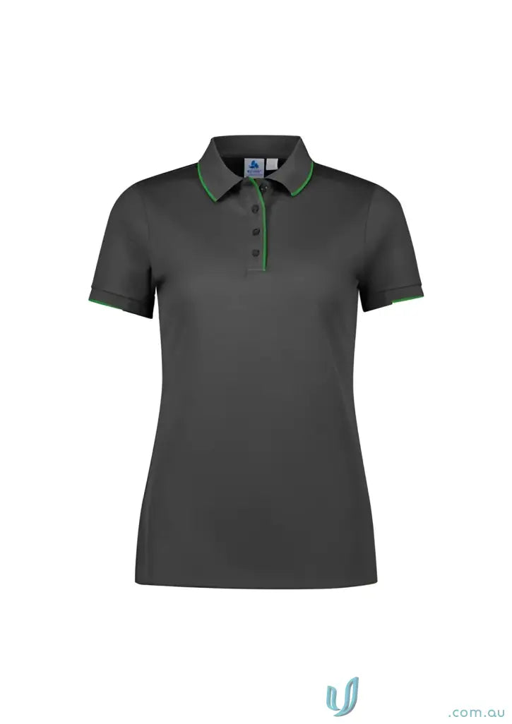 Gray ladies focus polo shirt with green trim and knit rib collar for casual wear