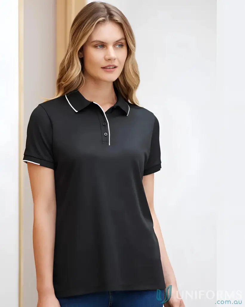 Ladies Focus Polo in black with white trim, perfect casual wear with knit rib collar