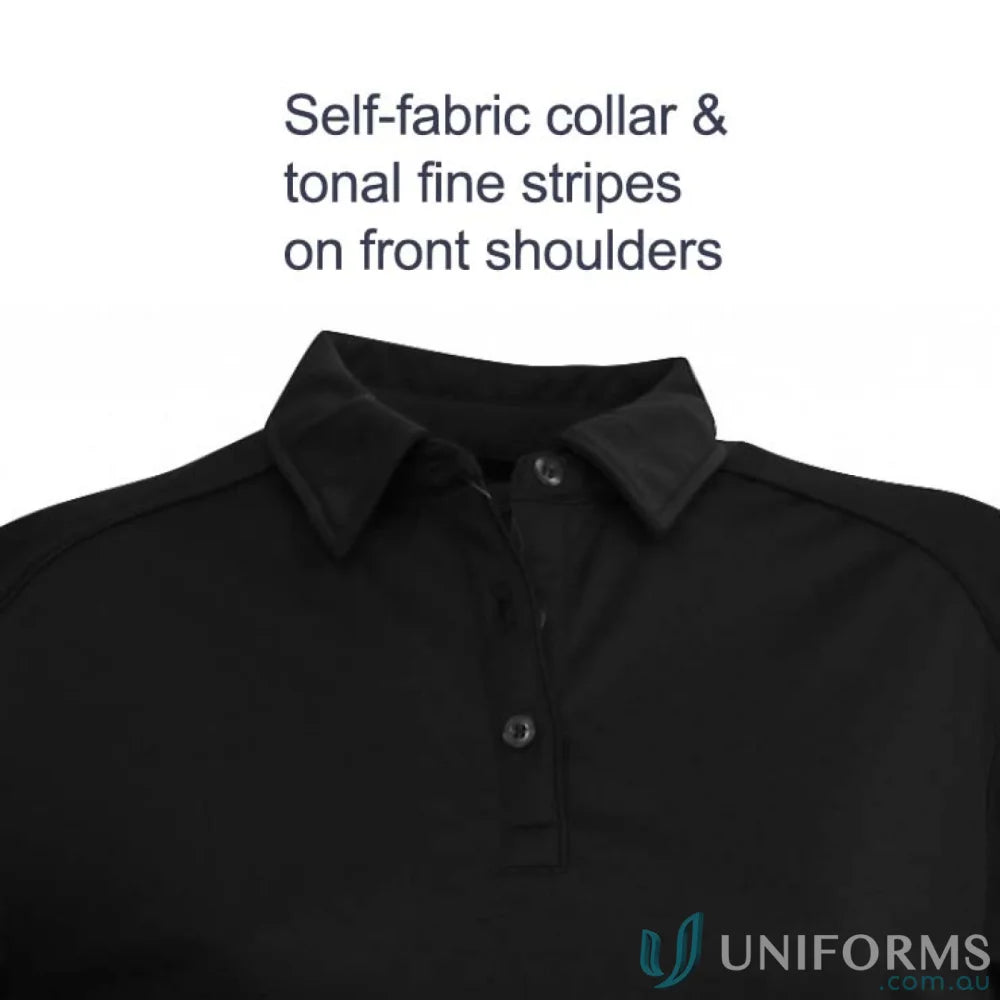 Ladies Freshen LS Polo in black with tonal stripes, perfect for uniforms and workwear