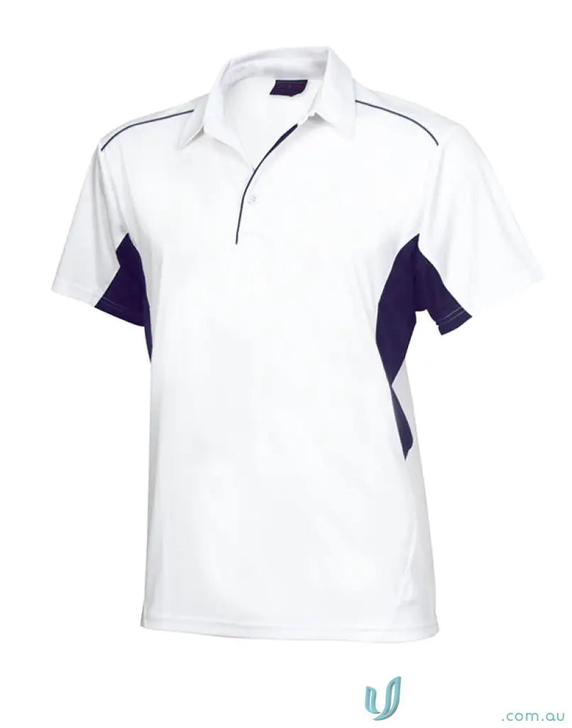 Ladies Freshen Polo in white and navy offering unmatched comfort for uniforms and workwear