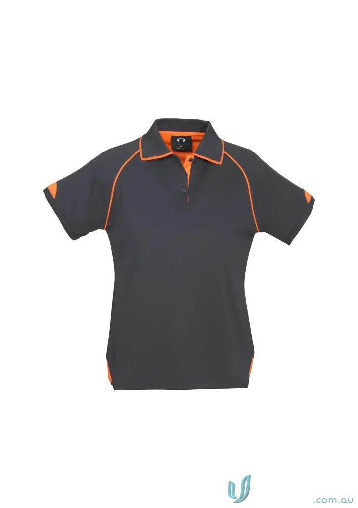 Ladies Fusion Biz Collection Polo in dark gray with orange piping and modern fit