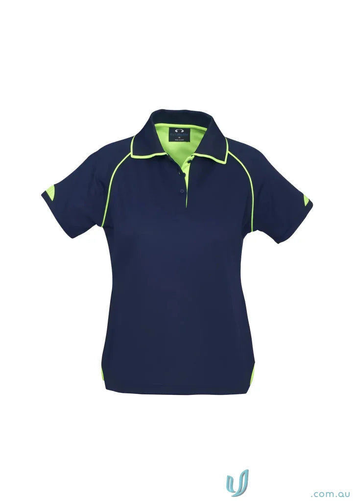 Ladies Fusion Biz Collection Polo in navy blue with lime green trim, modern fit
