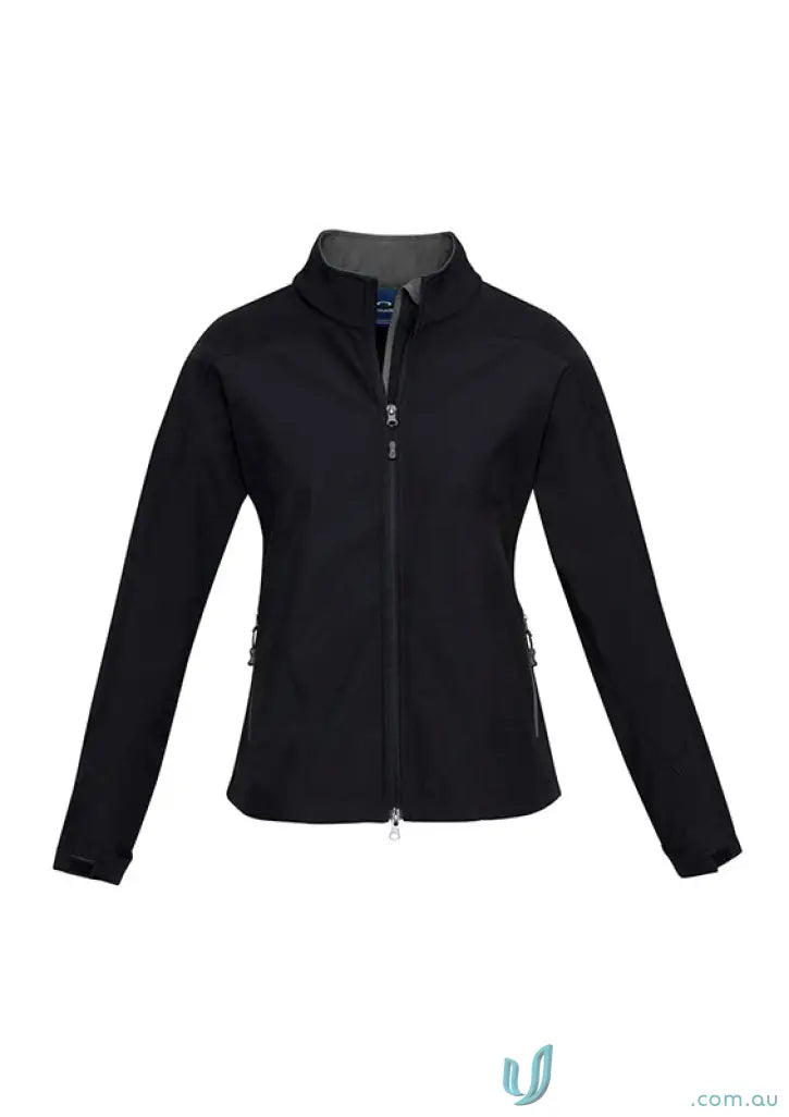 Black ladies Geneva softshell jacket from the women’s Biz Collection for a sleek look