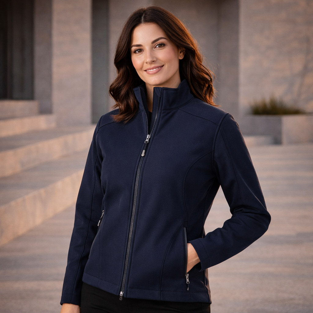 Ladies Geneva softshell jacket in navy blue with zipper and pockets