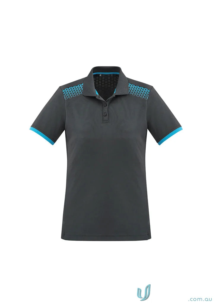 Ladies Galaxy polo shirt with gray and blue accents, perfect blend of style and comfort
