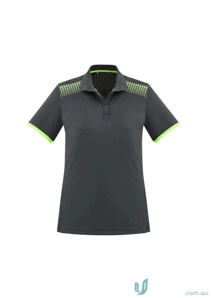 Ladies Galaxy galaxy short sleeve polo with neon green accents, perfect blend of style and comfort