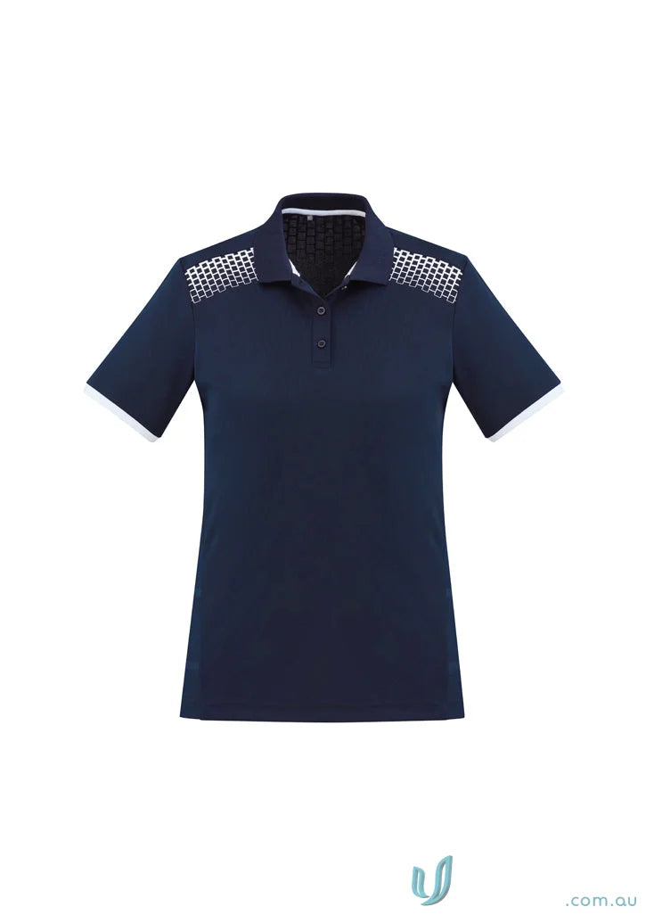 Ladies Galaxy polo shirt in navy blue with white trim, perfect blend for galaxy short sleeve polo fans