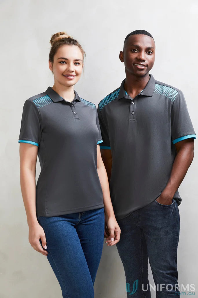 Two people wearing Ladies Galaxy short sleeve polos with blue accents, the perfect blend of style