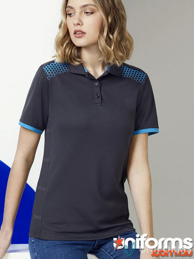 Ladies Galaxy short sleeve polo in gray with blue trim, perfect blend of style and comfort