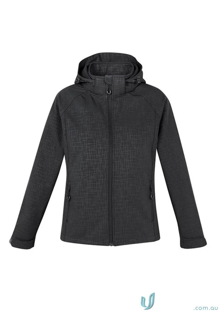 Black women’s geo jacket with subtle grid pattern and hood from Biz Collection Women’s
