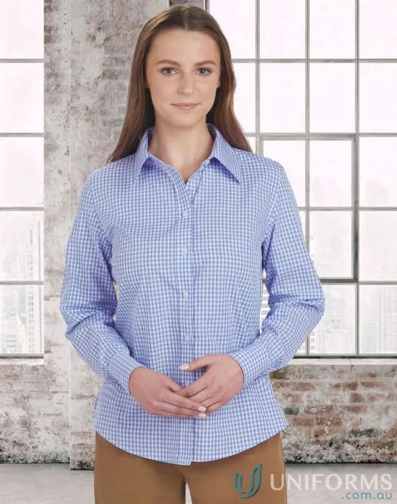 Winning spirit ladies gingham check long sleeve shirt with roll-up sleeve tab