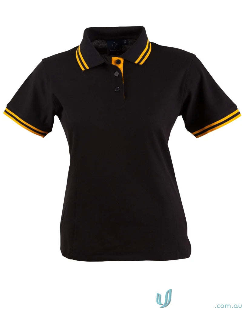 Ladies Grace Polo black with gold trim in truedry pique short sleeve polo style