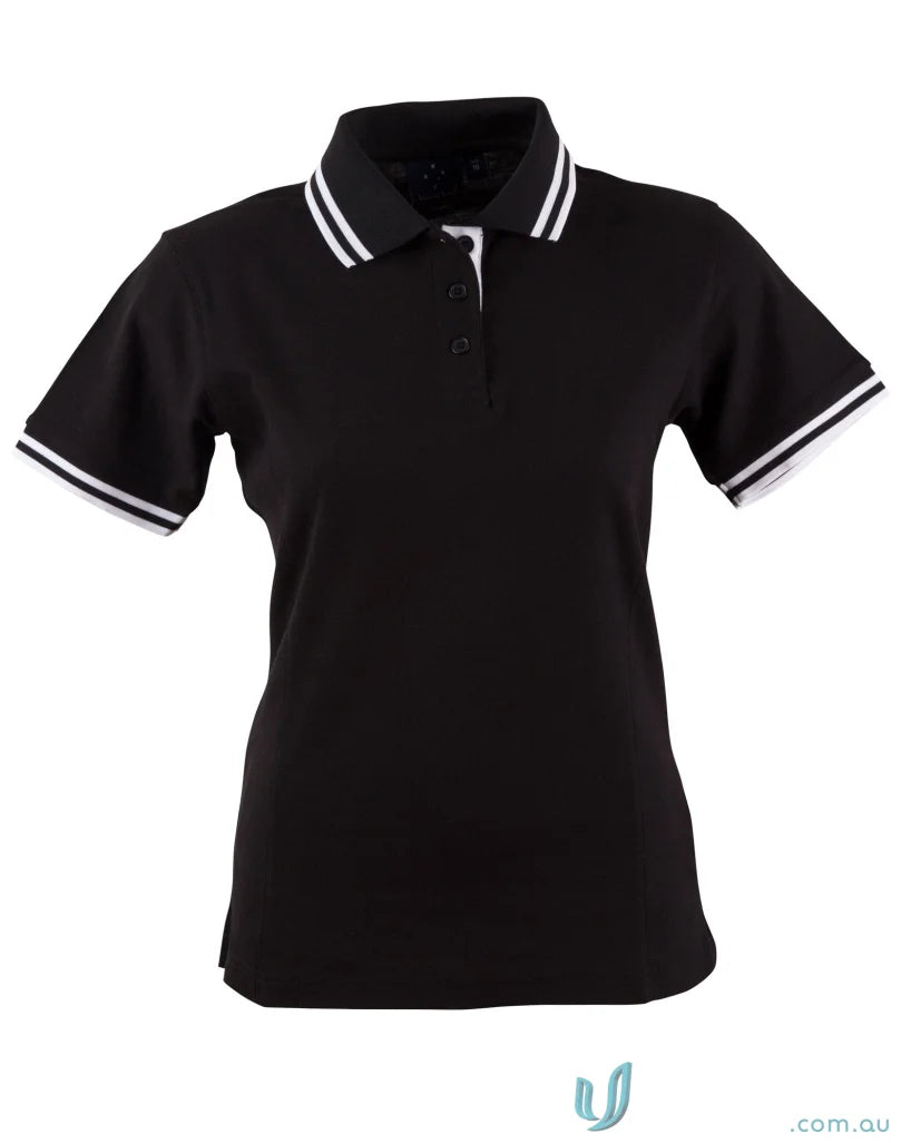 Ladies Grace Polo in black with white trim, made from Truedry Pique Short Sleeve Polo fabric