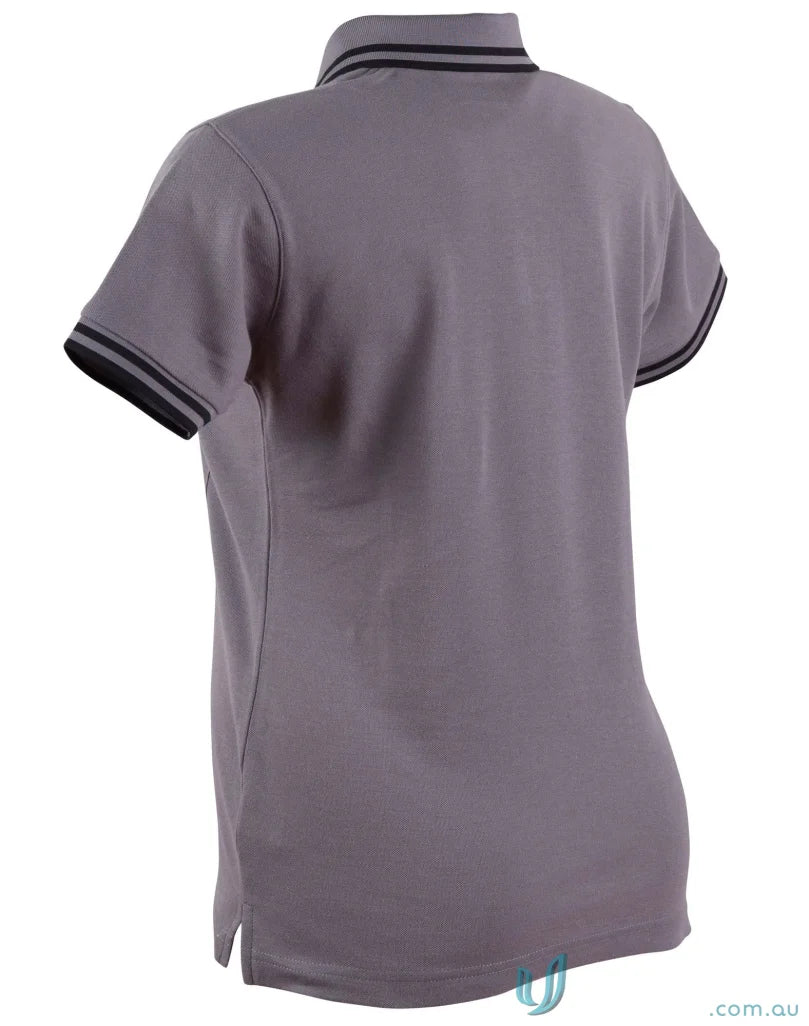 Ladies Grace Polo in gray with striped collar and sleeves, made with truedry pique short sleeve fabric