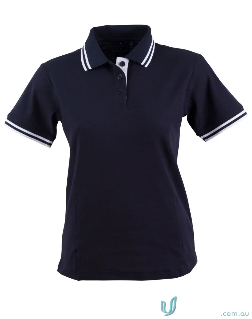 Ladies Grace Polo in navy with white trim, made from truedry pique short sleeve polo fabric