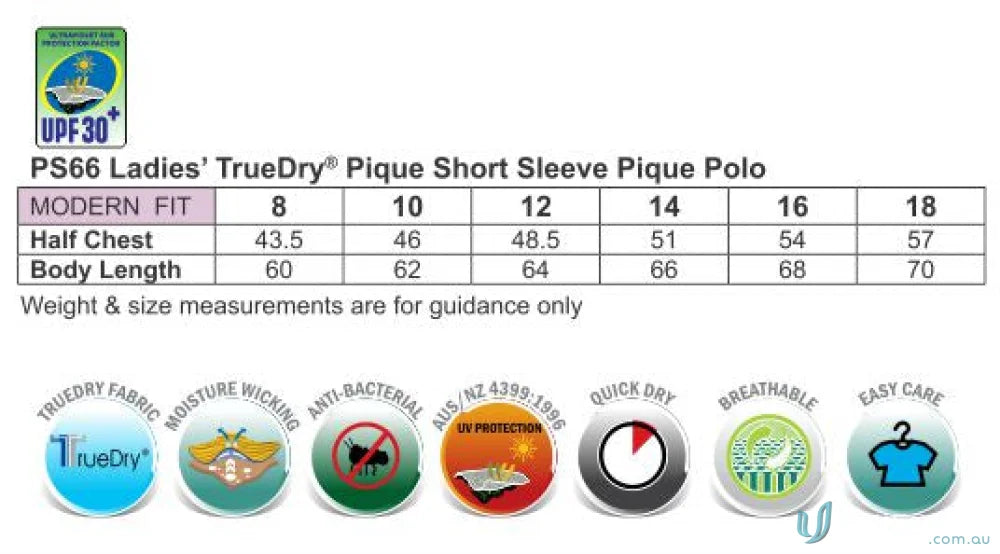 Ladies Grace Polo size chart and features for Truedry Pique Short Sleeve Polo